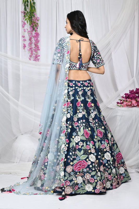 Navy blue embroidered lehenga choli ideal for festive celebrations.