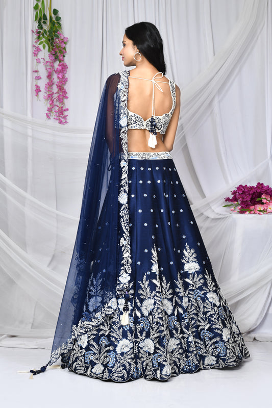 Navy blue embroidered lehenga choli perfect for engagement events.