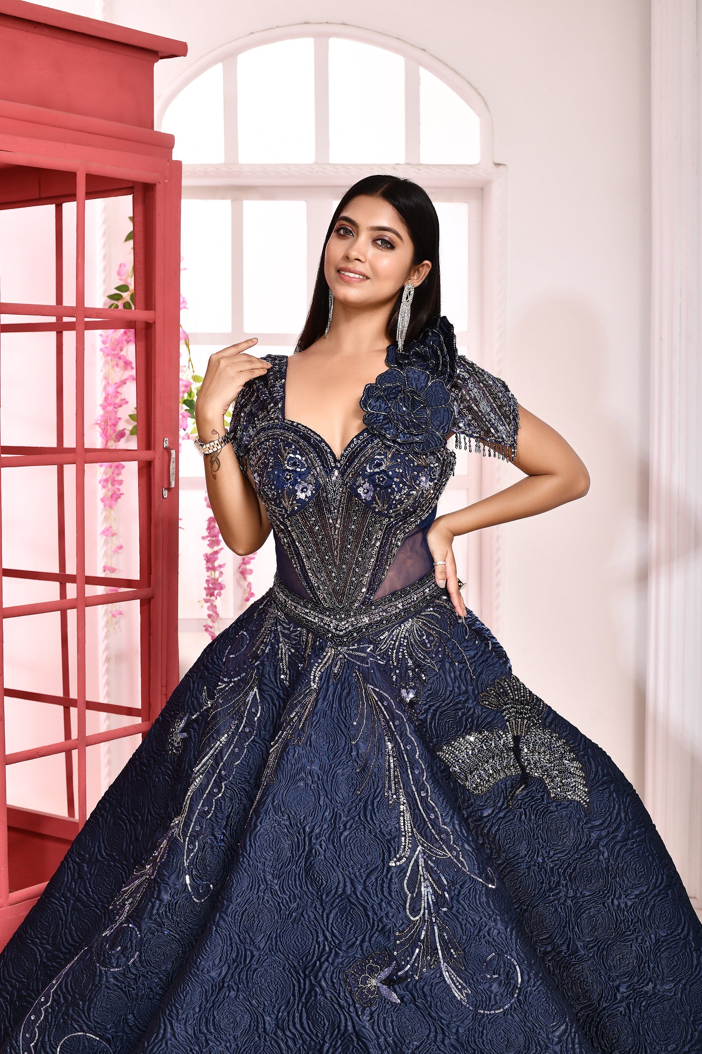 Niti Navy Blue Embroidered Ball Gown