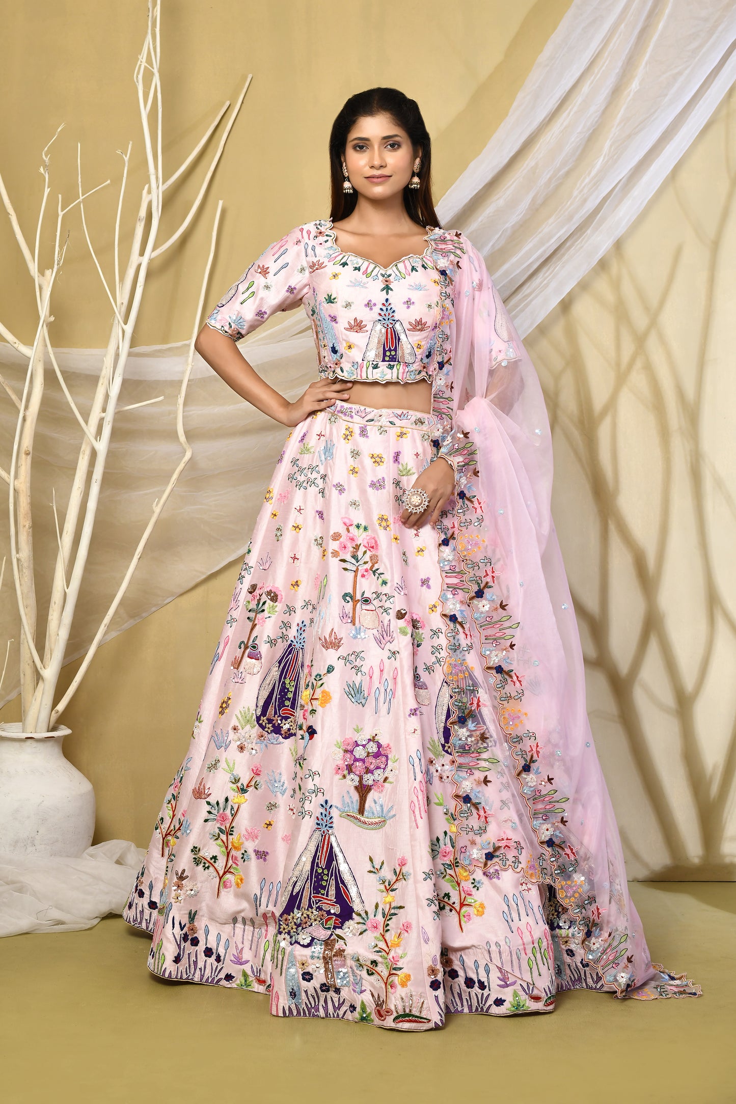 Aisha – Carnival Raw Silk Lehenga Set with Multicoloured Floral Embroidery