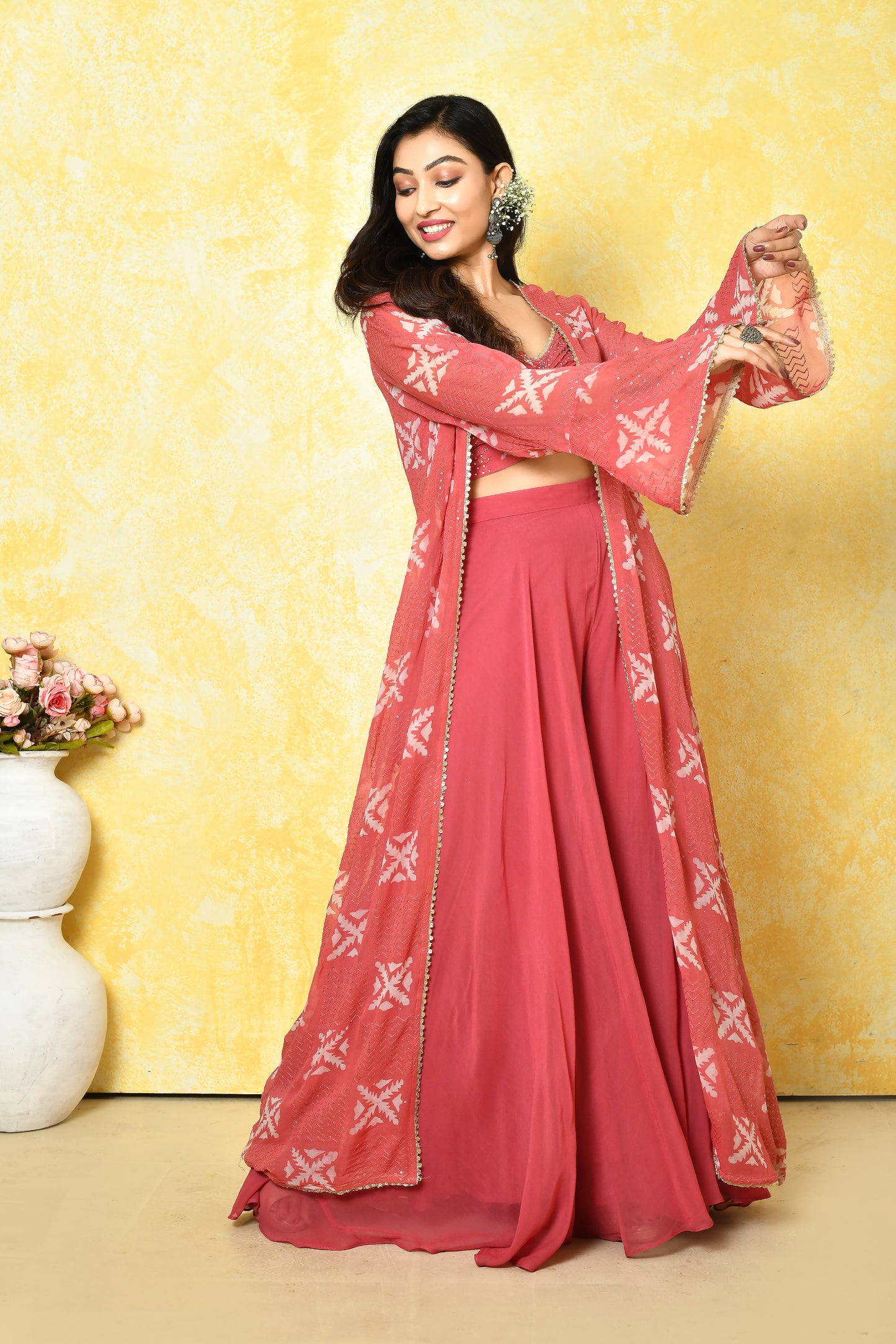 Alisha – Peach Pink Georgette Jacket Set with Embellished Blouse