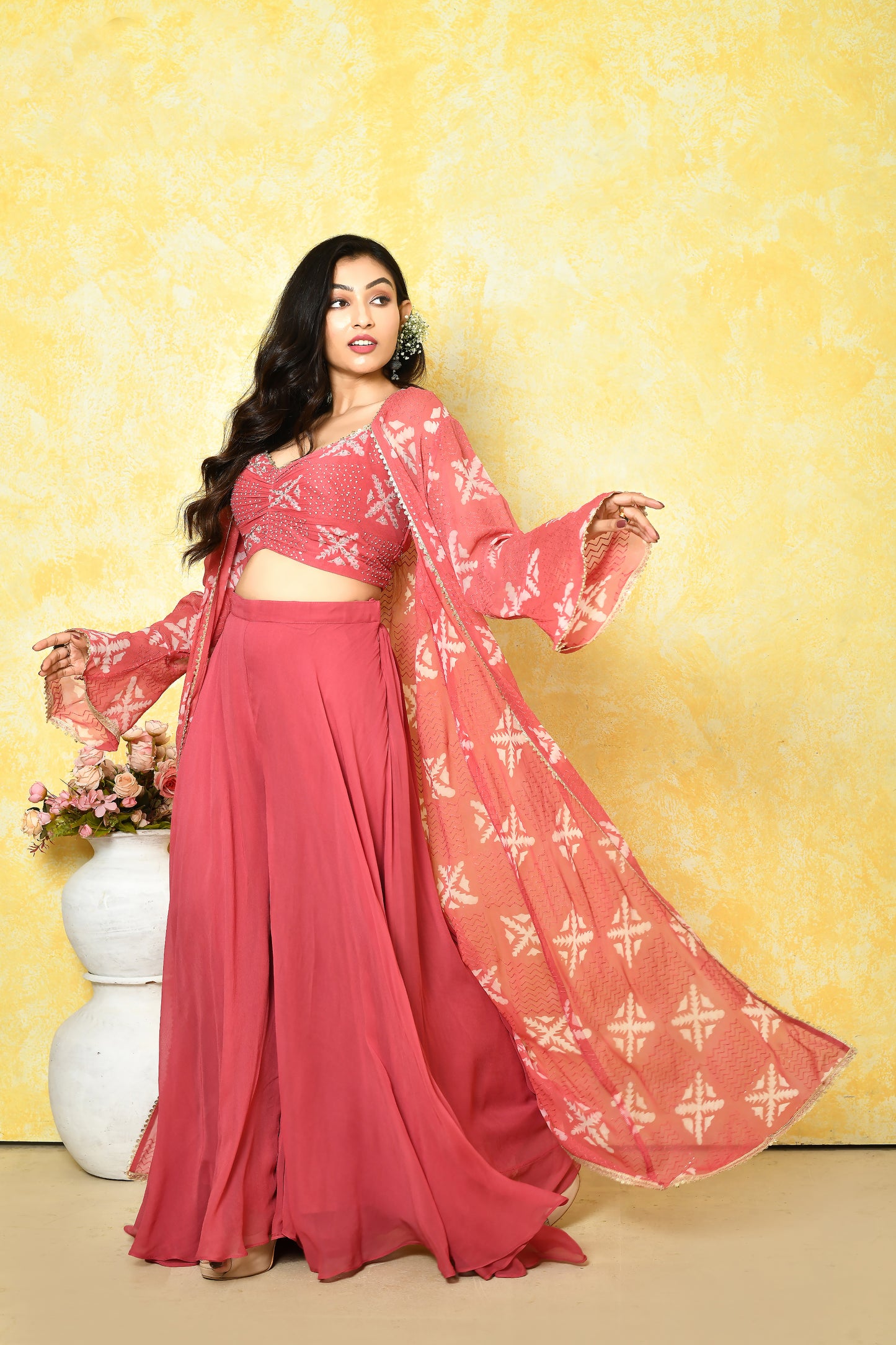 Alisha – Peach Pink Georgette Jacket Set with Embellished Blouse