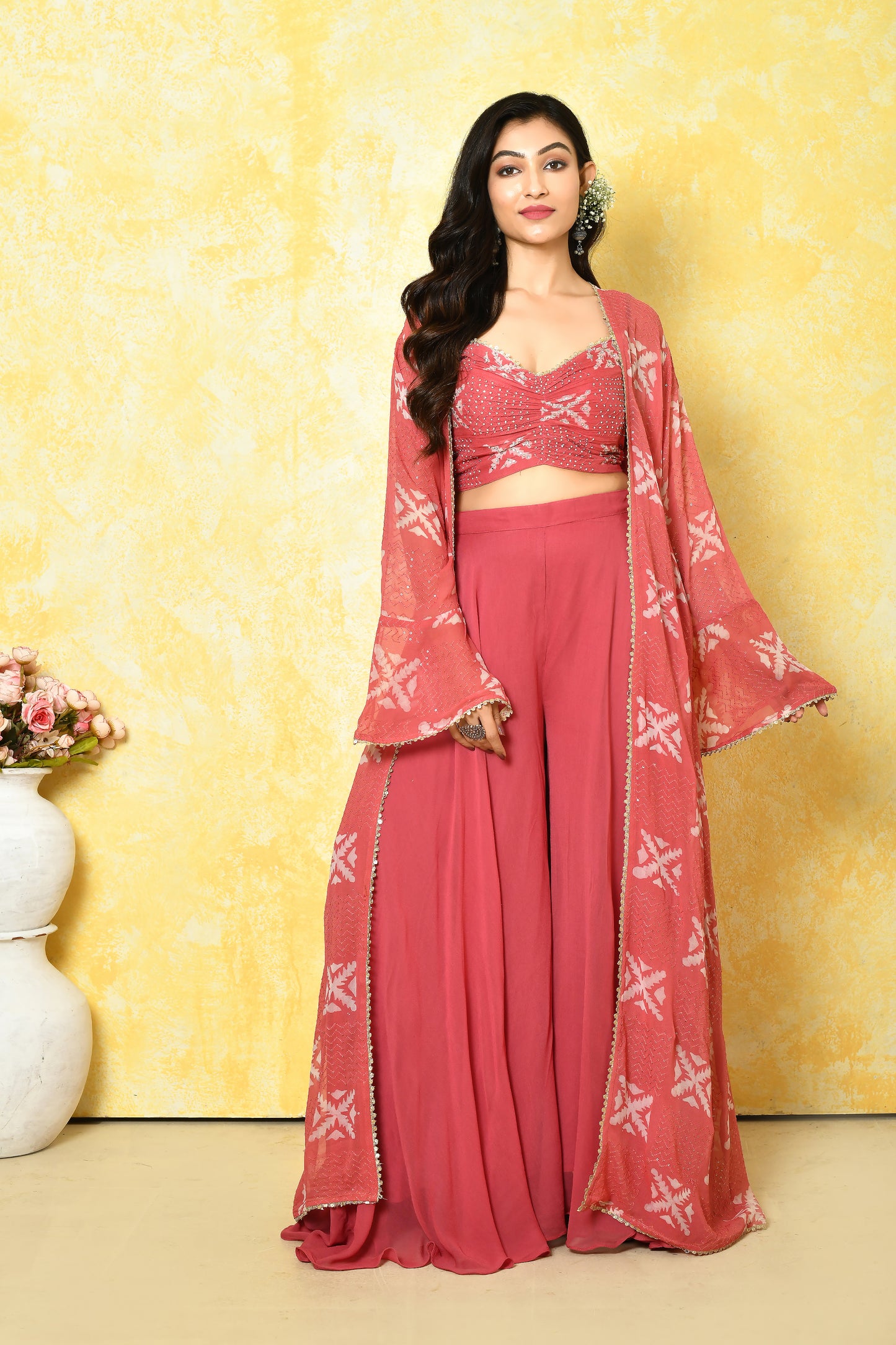 Alisha – Peach Pink Georgette Jacket Set with Embellished Blouse