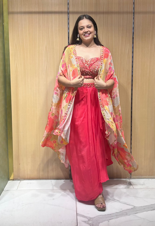 Aadya pink cape set by House of Ajita - Perfect for Haldi, Mehendi, Carnival