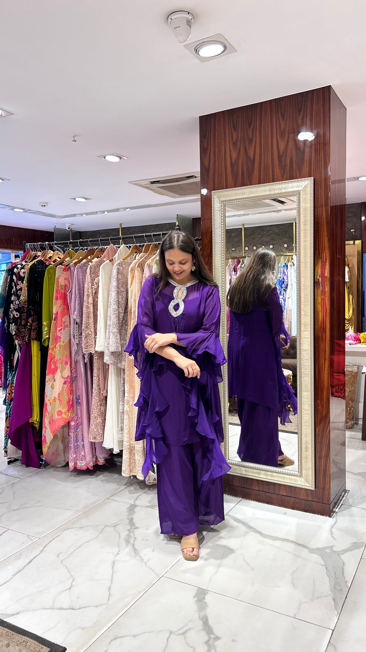 Hhand embroidery on designer purple co-ord set neckline by House of Ajita