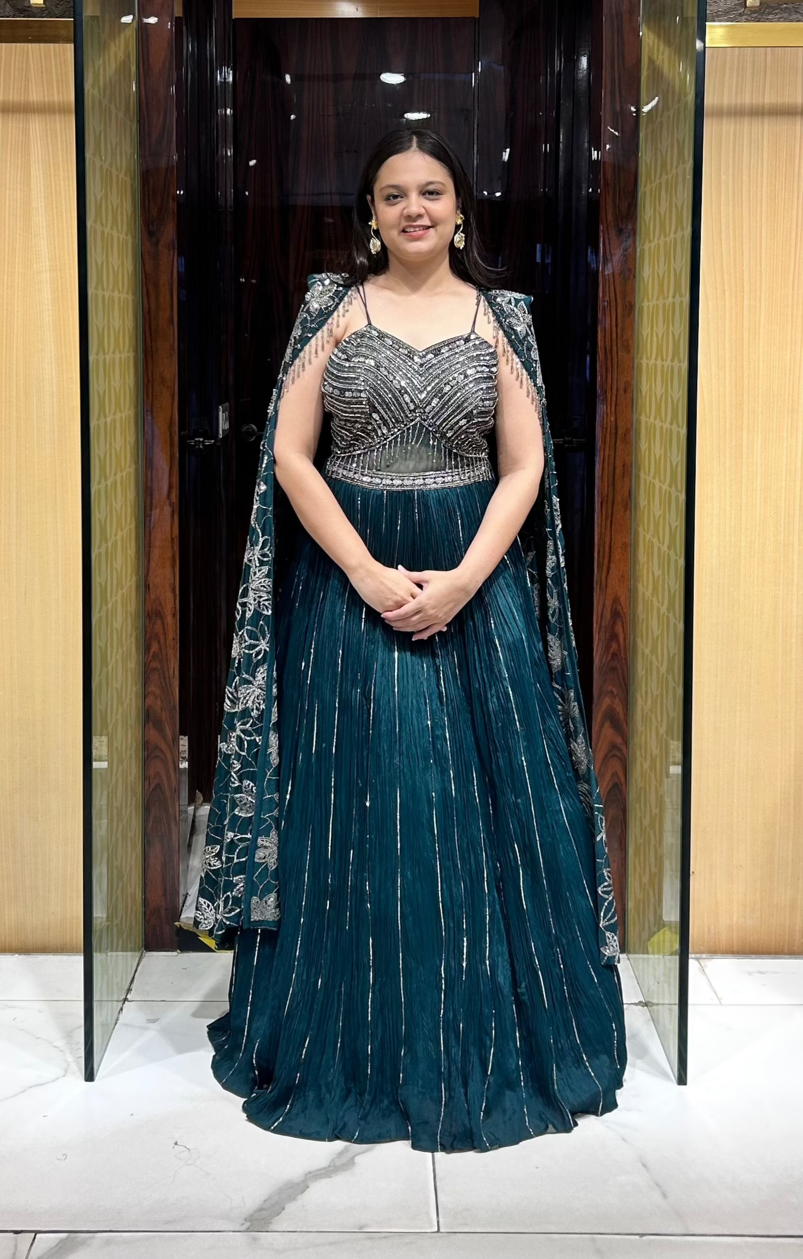 Green Cape Hand Embroidered Evening Gown | House of Ajita Green Cape Hand Embroidered Evening Gown | House of Ajita