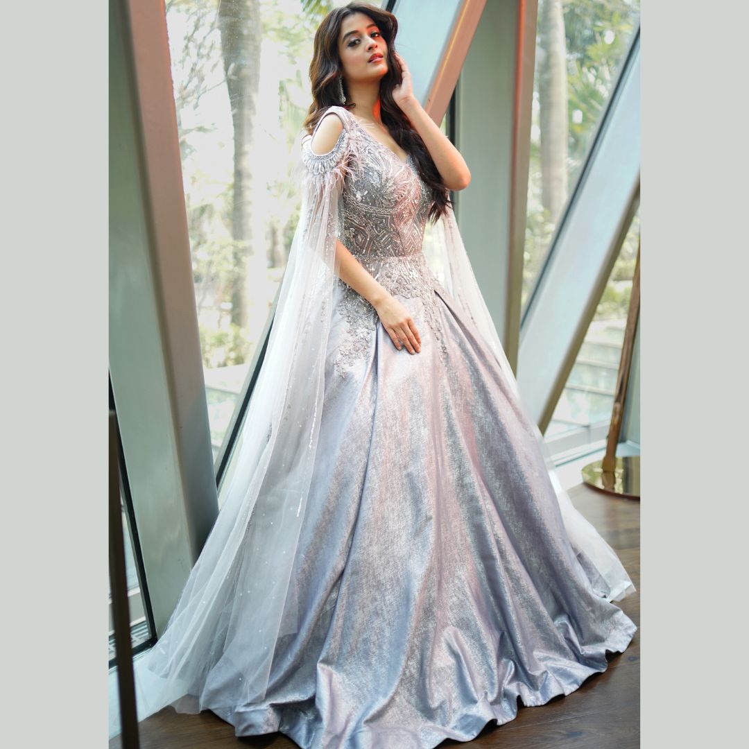 Naureya Grey Pink Feather Ball Gown | House of Ajita Naureya Grey Pink Feather Ball Gown | House of Ajita