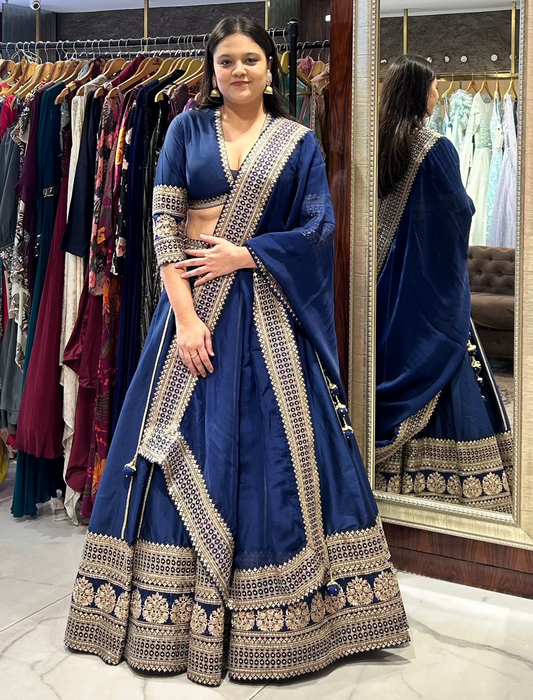 Royal blue silk lehenga with sequin highlights and organza dupatta