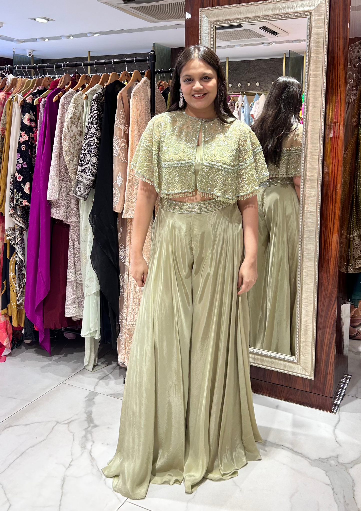 Designer inspired luxury mint green indo-western cape set- Perfect for mehendi, carnival, cocktails, dinners and drinks, etc