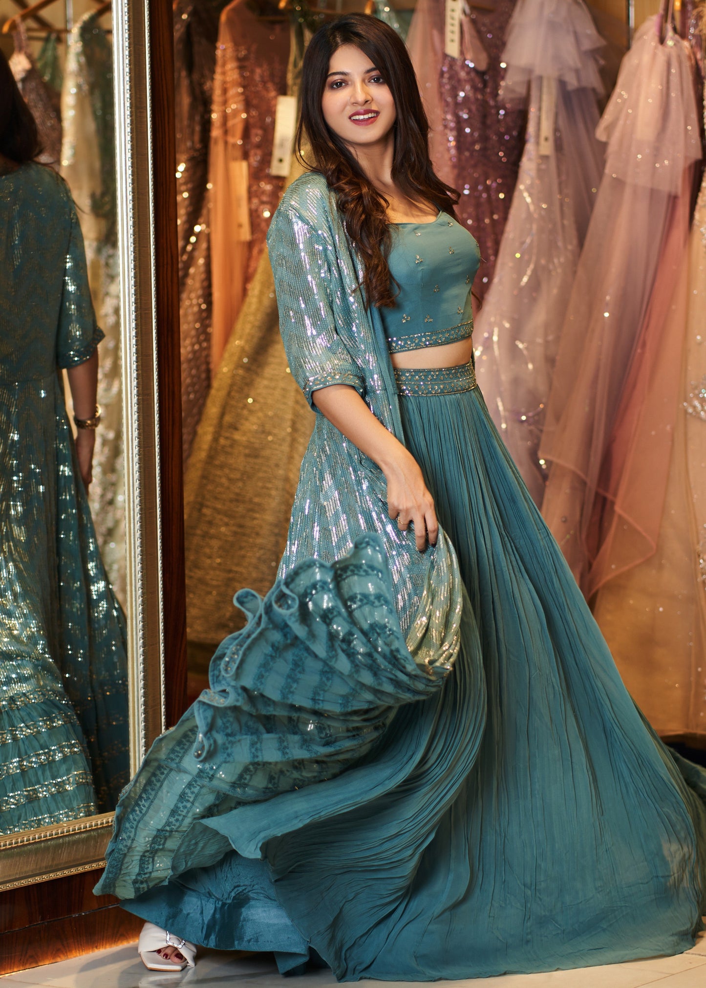Sea green jacket lehenga set with silver sequins