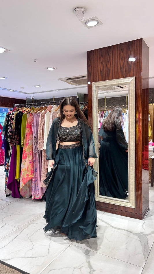 Twirl-worthy teal green skirt, clouse and cape set with blingy swarovski work