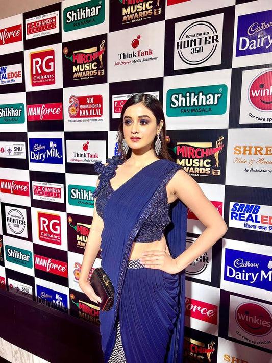 Stylish Indo-western drape saree look for sangeet or evening events