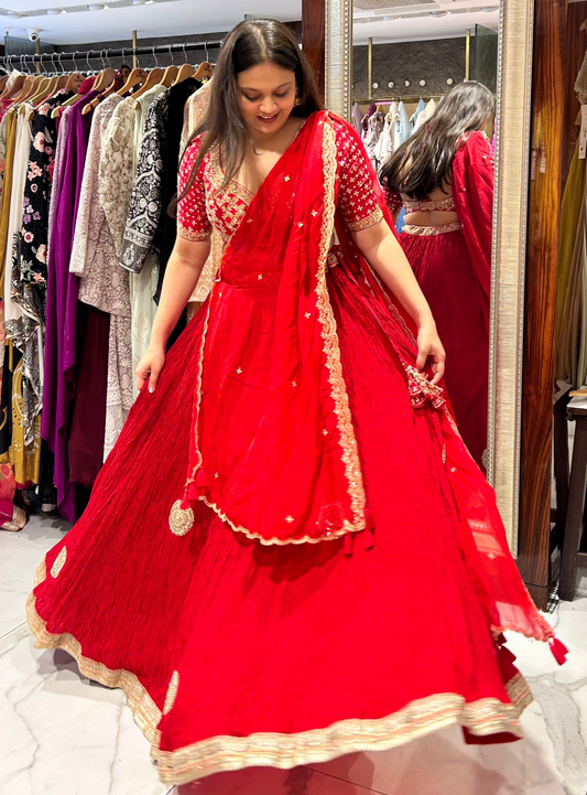 Aarohi red Chinon silk gota patti lehenga set with organza dupatta - House of Ajita