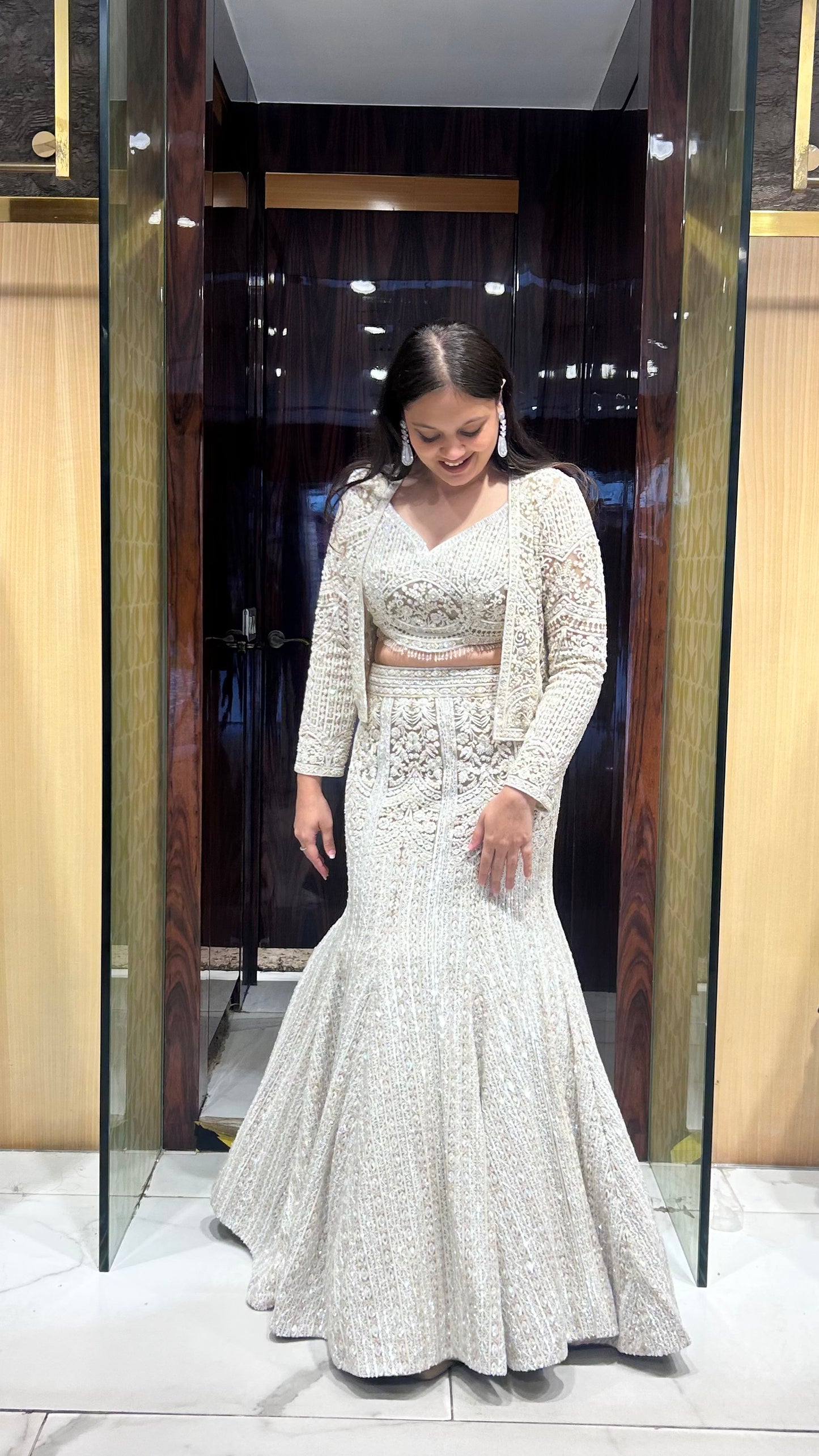 Semi-bridal ivory lehenga fish-cut designer inspired