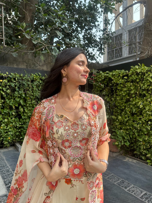 Oorja Ivory Floral Multicoloured Cape Set