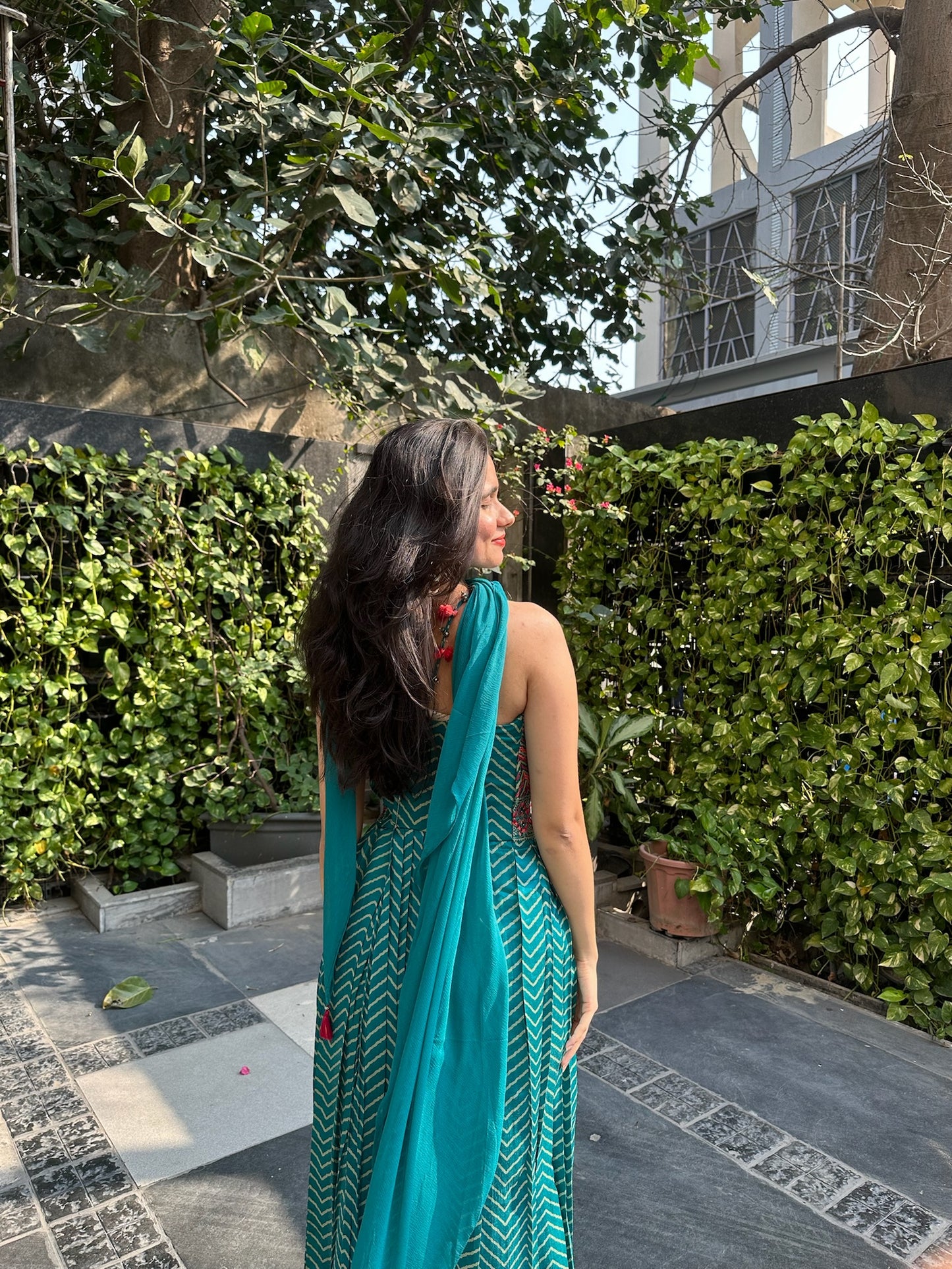 Leher Satin Indo-Western Dress With Jacket & Scarf