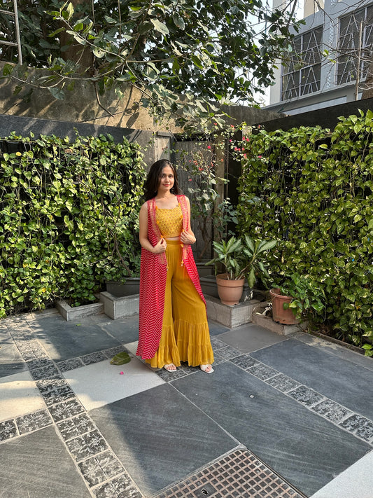 Jiah Yellow Pink Palazzo Set with Leheriya Jacket