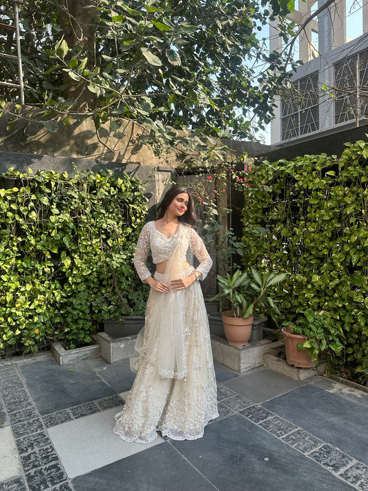 Amishi Ivory Hand Embroidered Net Lehenga