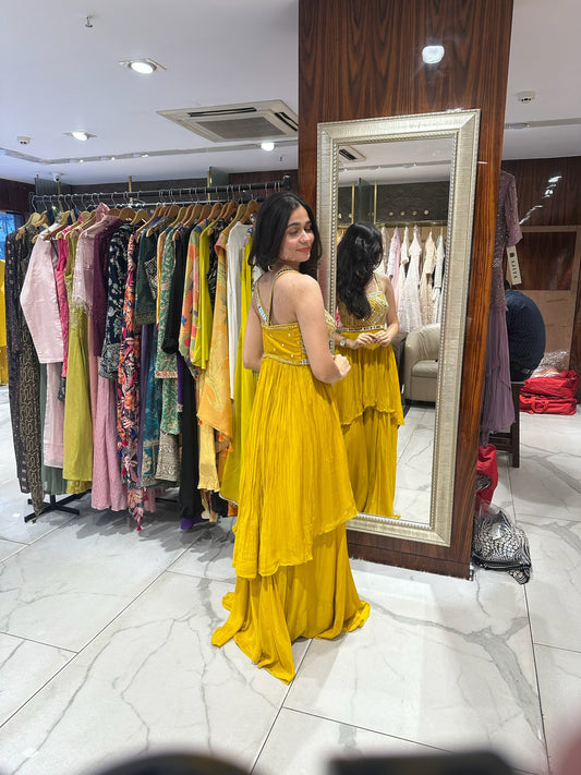 Vazu Mustard Mirror Embroidered Peplum Palazzo Set