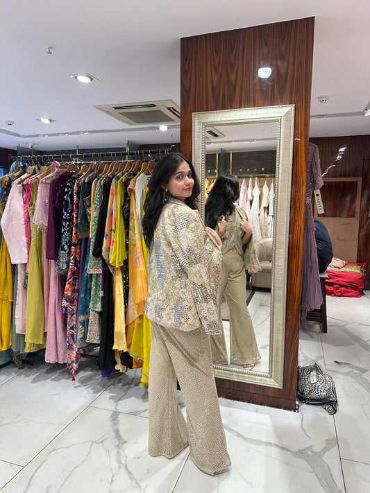 Varee Beige Gold Sequinned Blazer Pant Set
