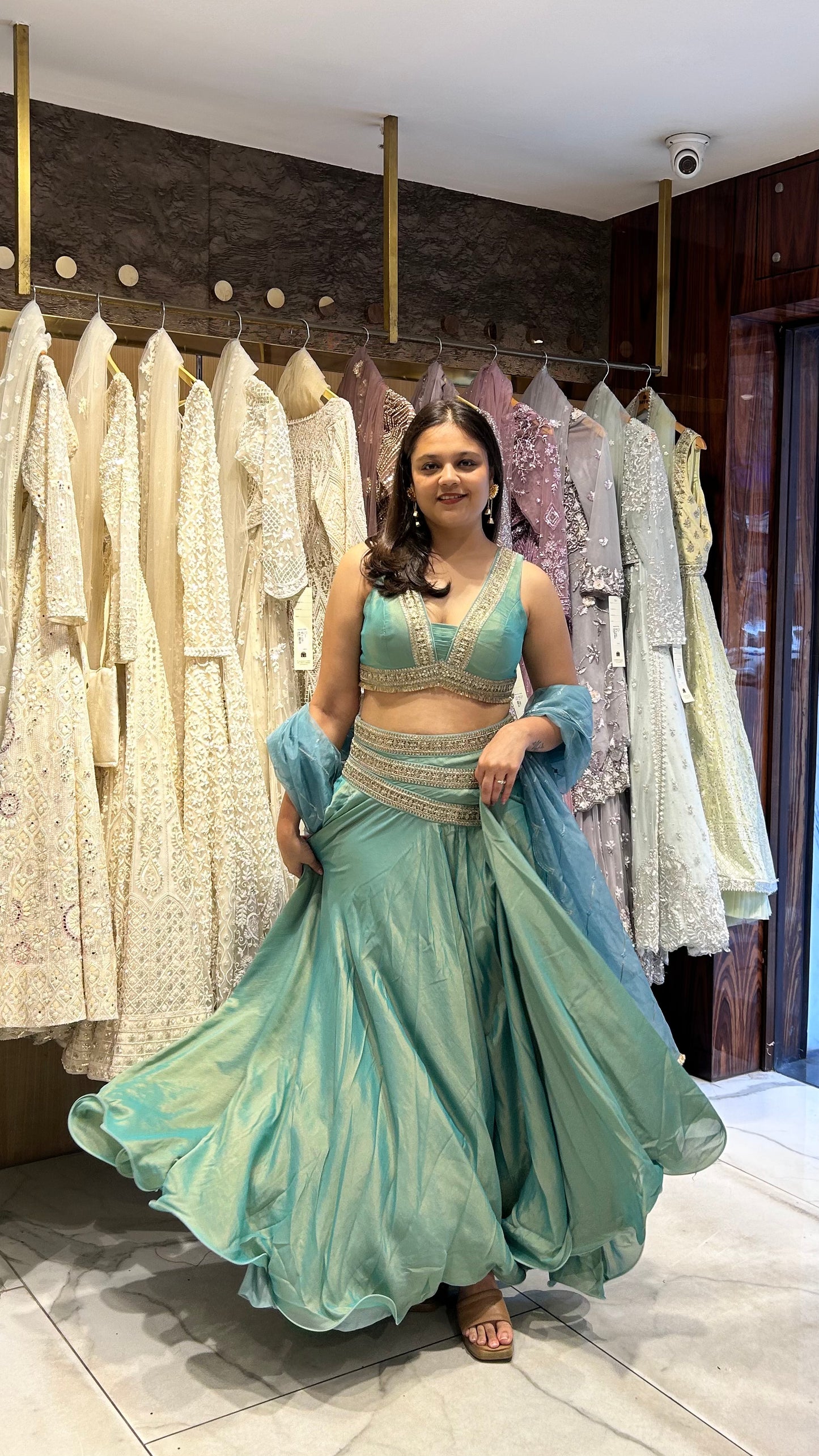 Dolly – Sea Green & Onion Pink Tissue Lehenga with Zari & Sequin Embroidery