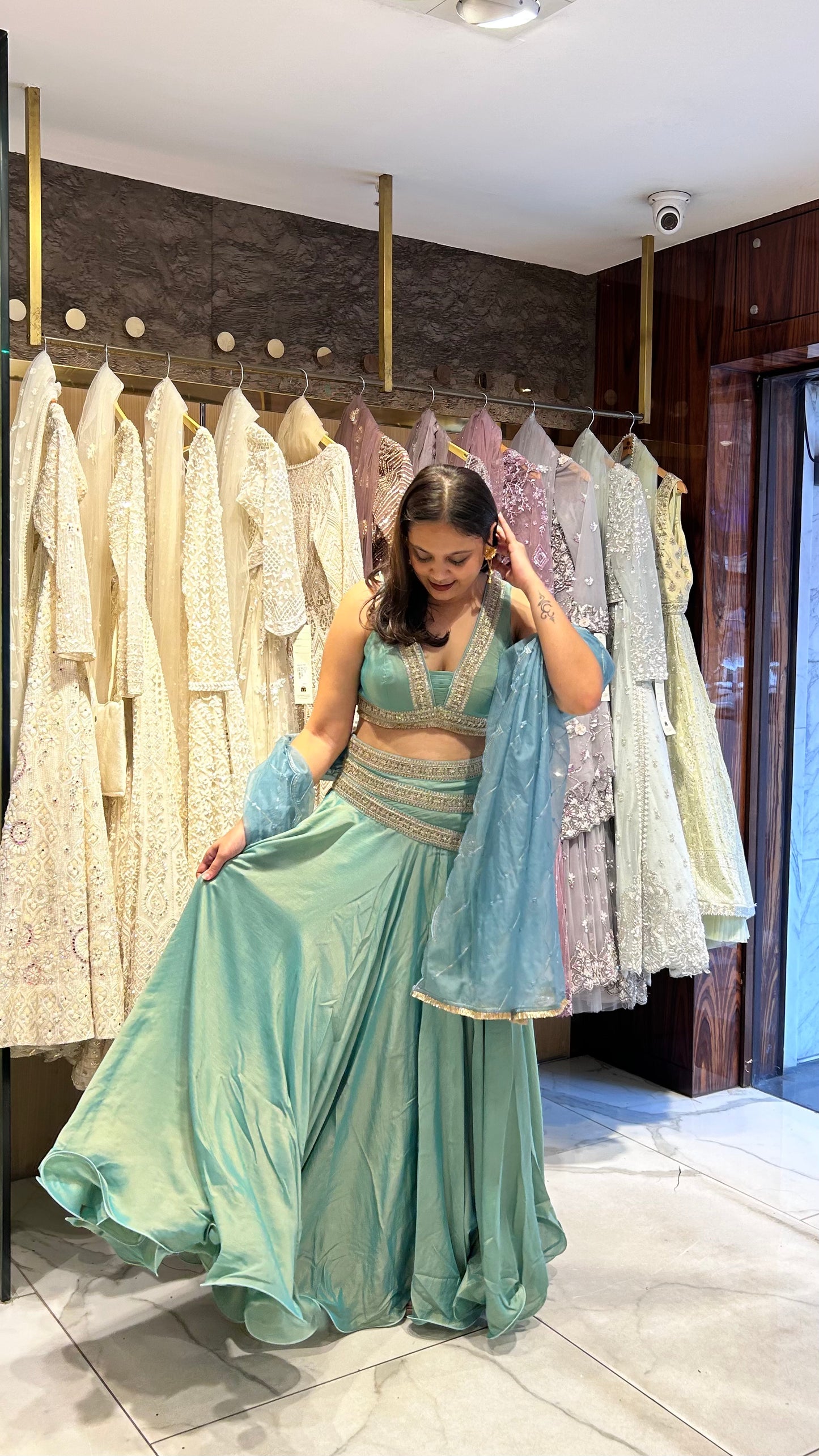 Dolly – Sea Green & Onion Pink Tissue Lehenga with Zari & Sequin Embroidery