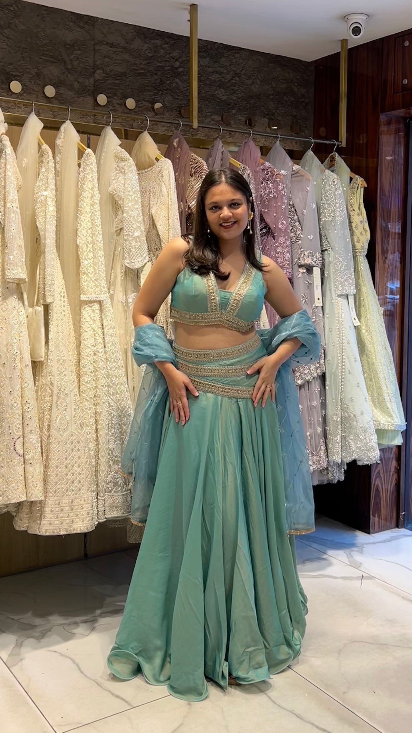 Dolly – Sea Green & Onion Pink Tissue Lehenga with Zari & Sequin Embroidery
