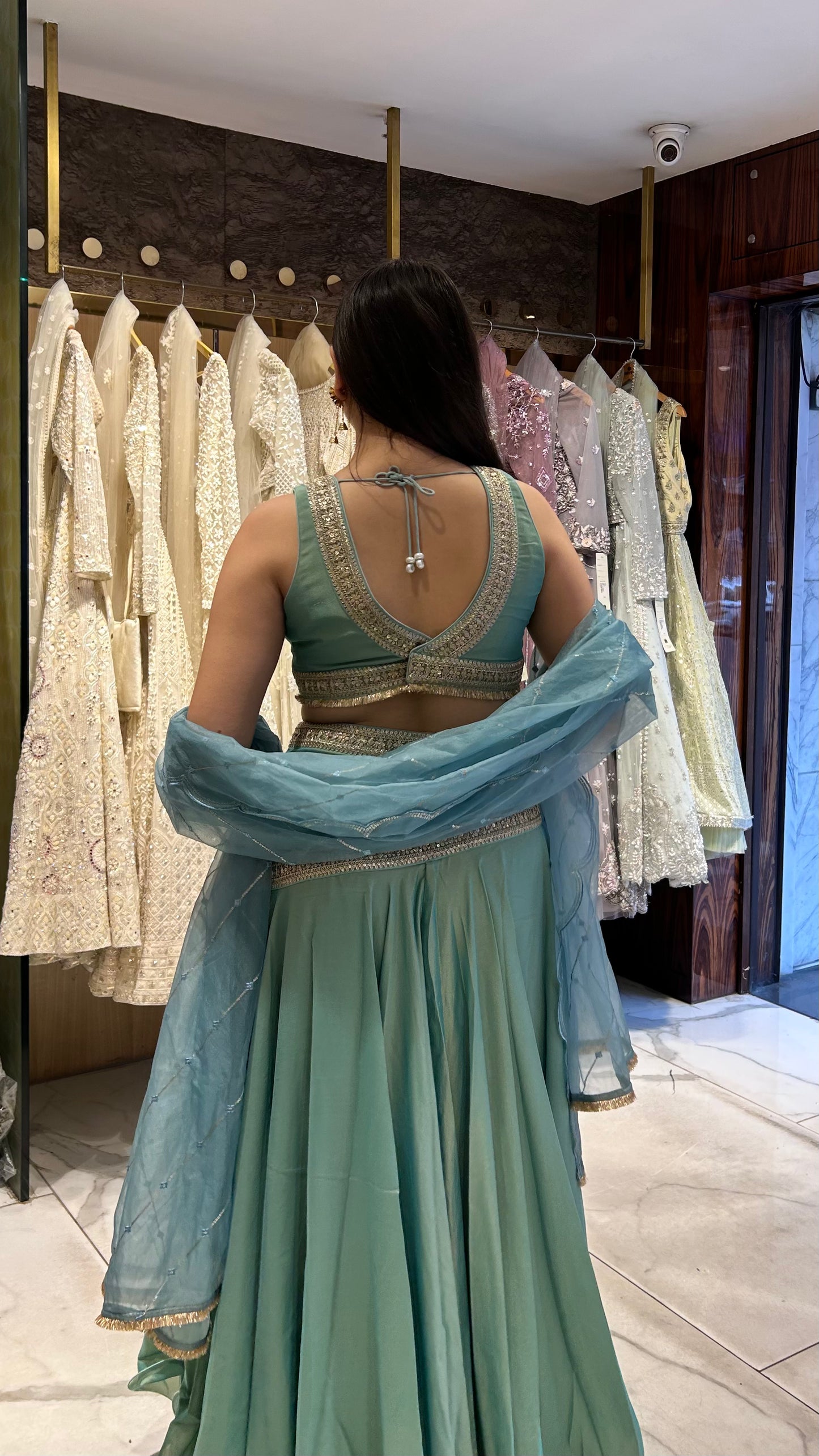 Dolly – Sea Green & Onion Pink Tissue Lehenga with Zari & Sequin Embroidery