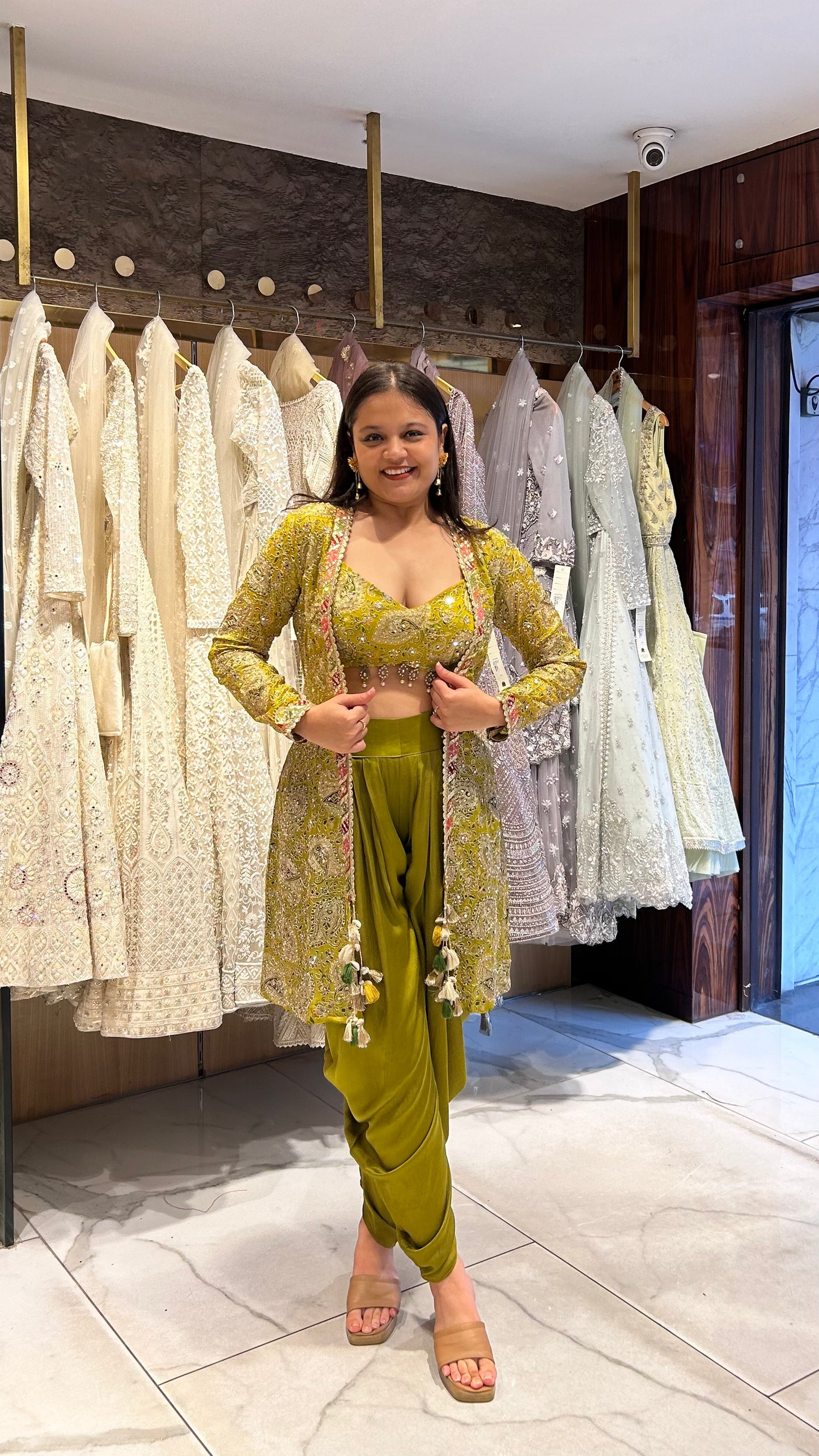 Ojasvi – Mehendi Green & Red Embroidered Indo-Western Set with Dhoti Pants and Jacket