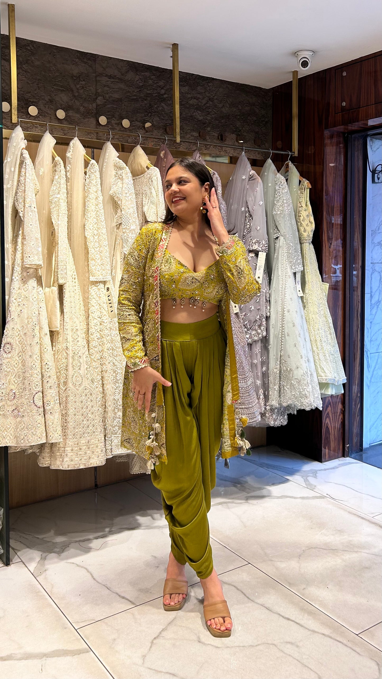 Ojasvi – Mehendi Green & Red Embroidered Indo-Western Set with Dhoti Pants and Jacket