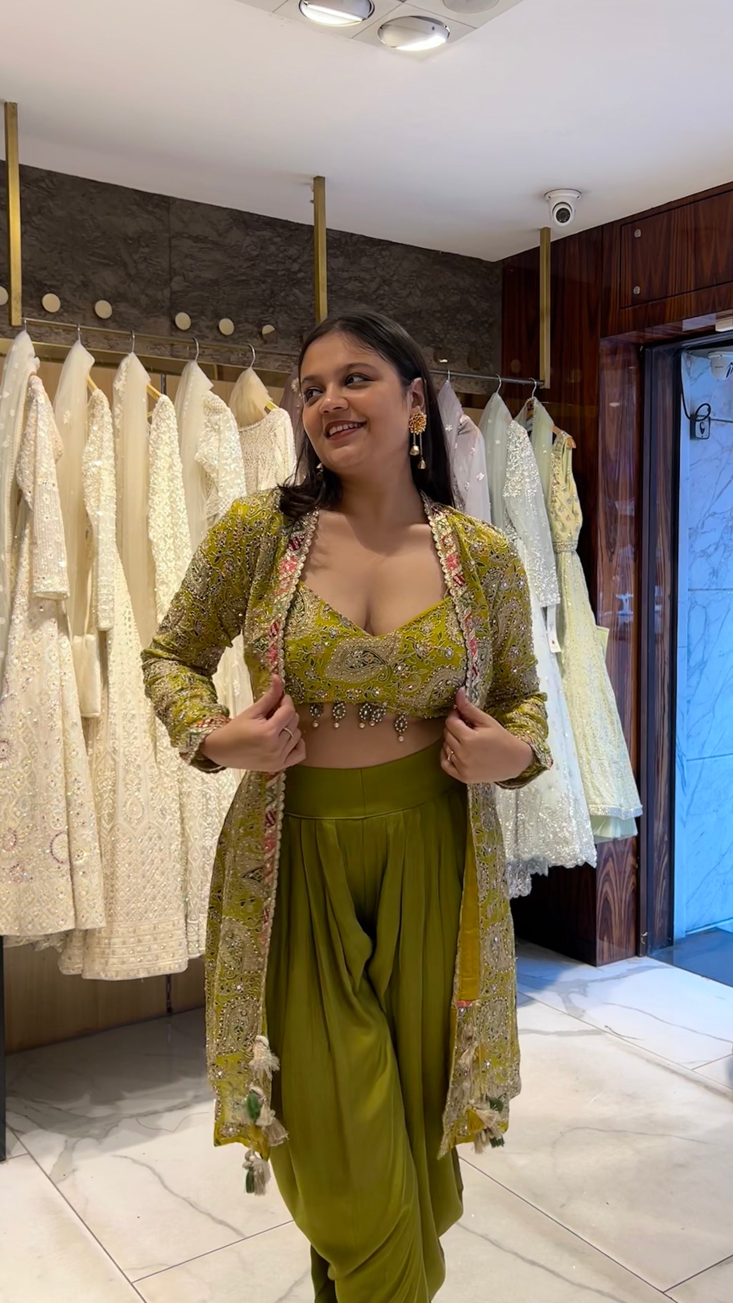 Ojasvi – Mehendi Green & Red Embroidered Indo-Western Set with Dhoti Pants and Jacket