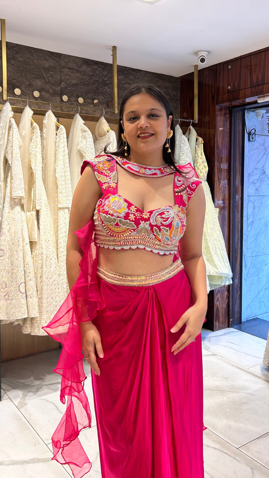 PeeDee – Rani Pink Indo-Western Set with Multicolour Embroidery & Ruffle Dupatta