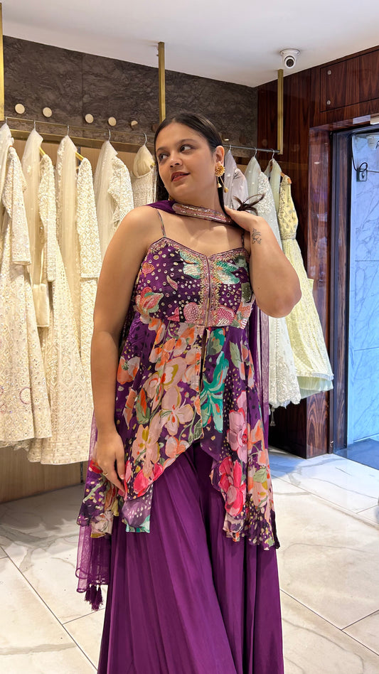 Jiya – Purple Floral Print Asymmetrical Strappy Top with Palazzo Pants