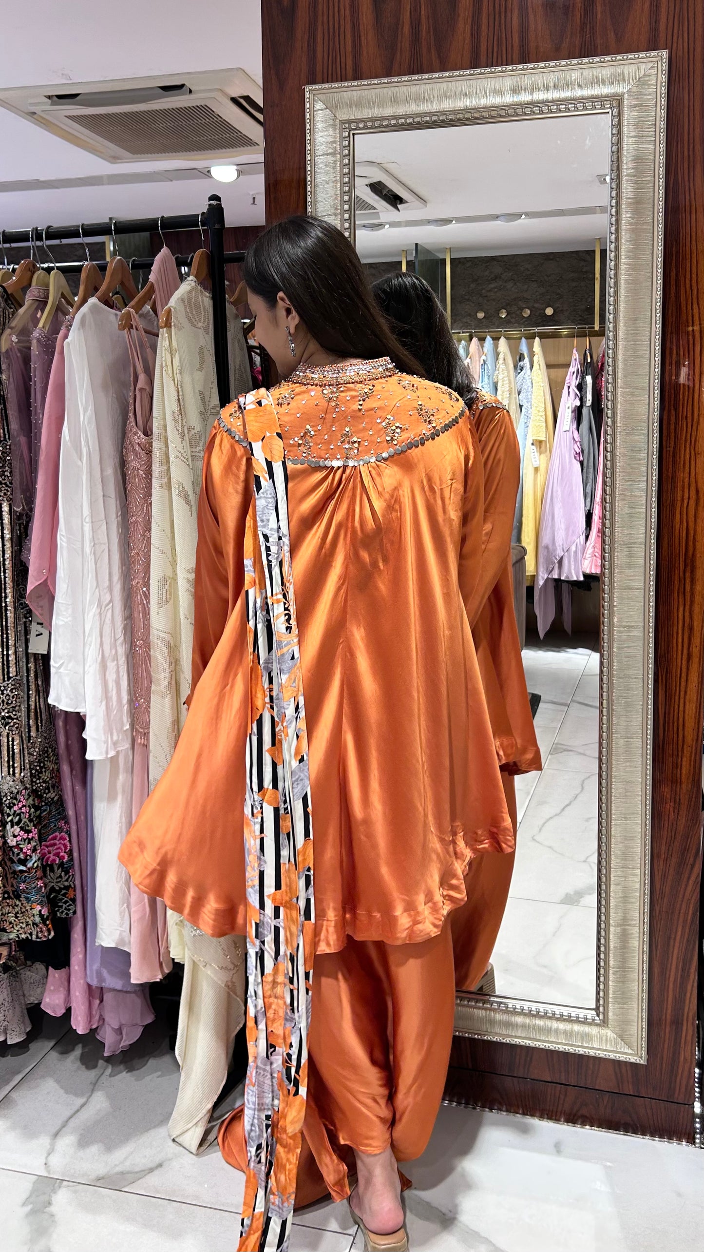 Zia – Orange Indo-Western Co-ord Set with Pearl and Golden Sequin Embroidery