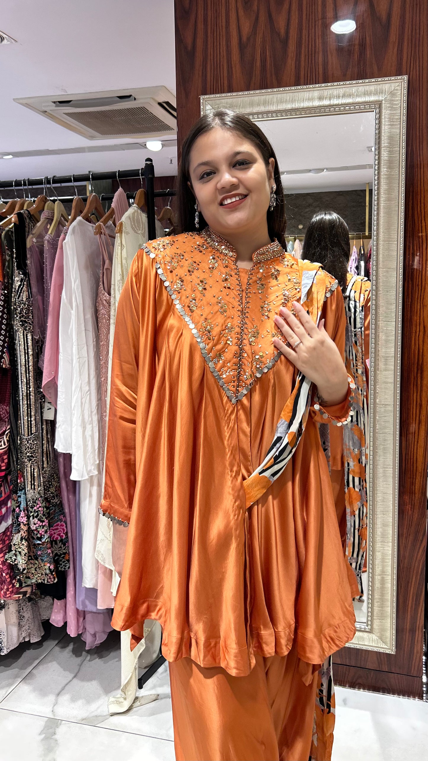 Zia – Orange Indo-Western Co-ord Set with Pearl and Golden Sequin Embroidery