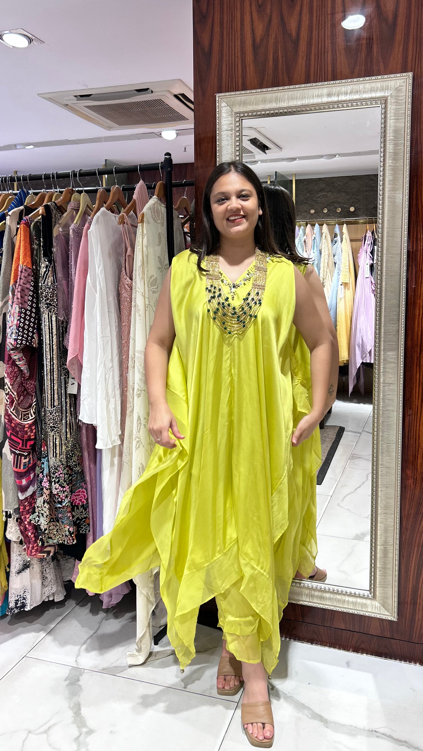Pree – Neon Green Satin Kaftan Co-ord Set with Golden Sequin Embroidery