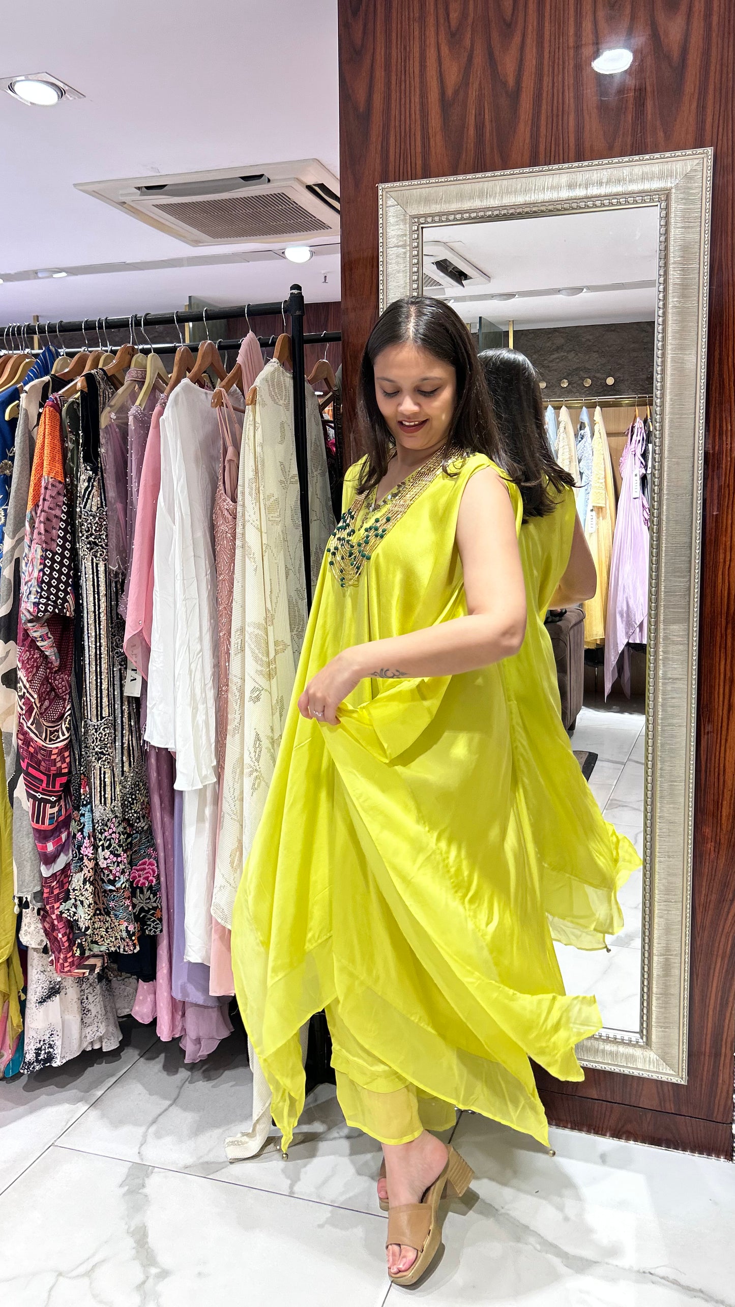Pree – Neon Green Satin Kaftan Co-ord Set with Golden Sequin Embroidery