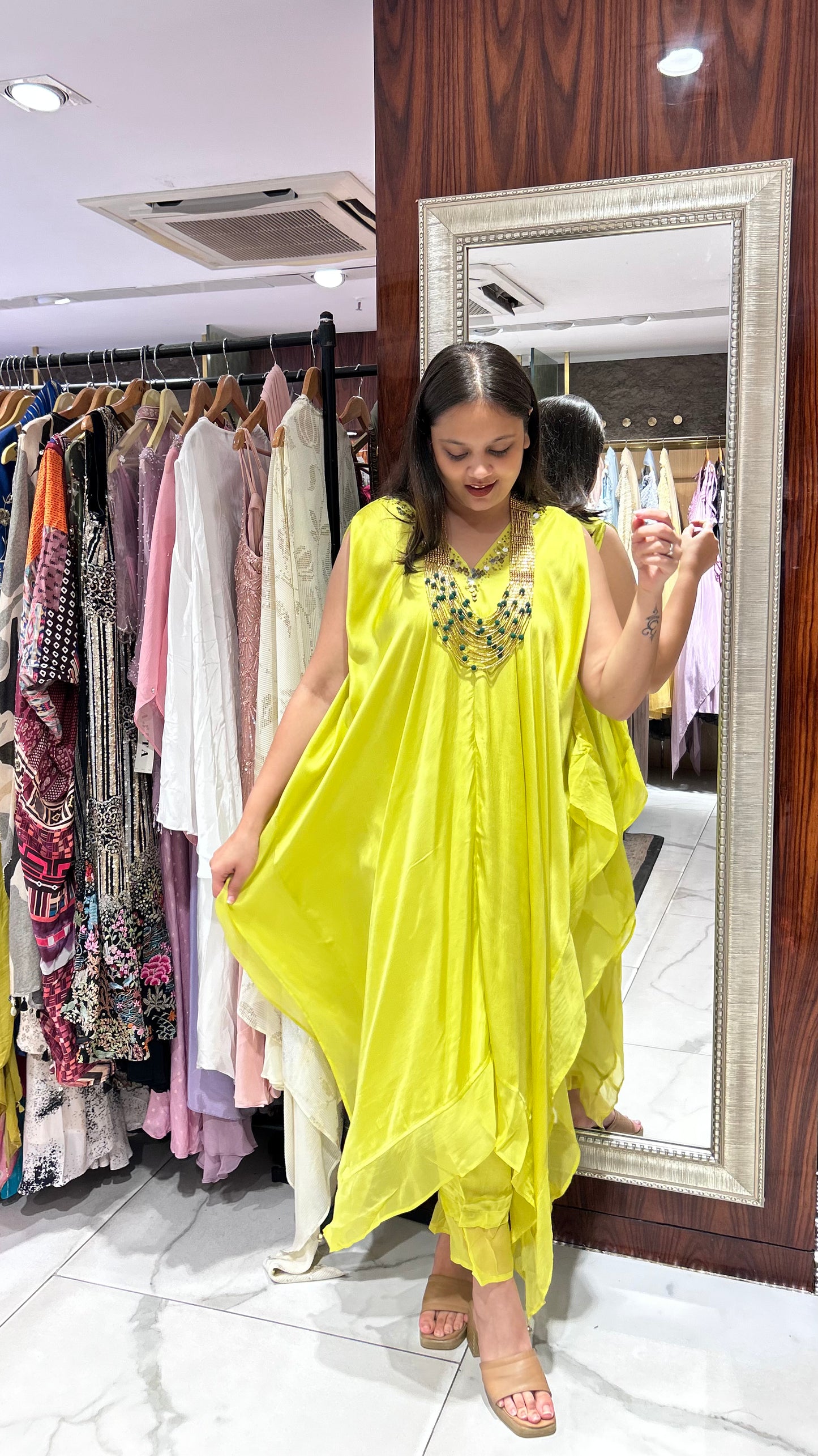 Pree – Neon Green Satin Kaftan Co-ord Set with Golden Sequin Embroidery