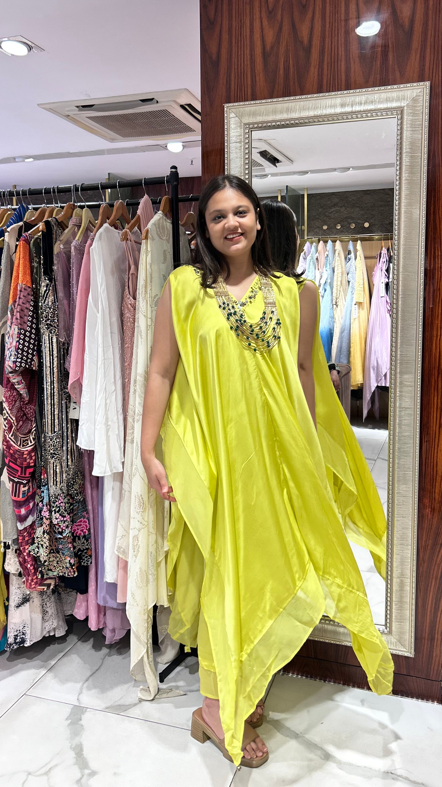 Pree – Neon Green Satin Kaftan Co-ord Set with Golden Sequin Embroidery