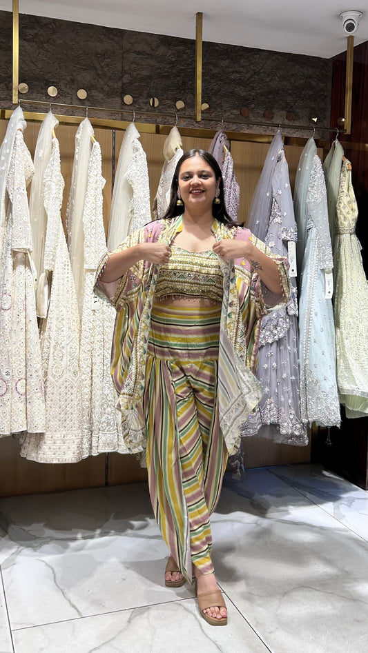 Anvika – Multicoloured Printed Indo-Western Set with Pearl & Mirror Embroidery