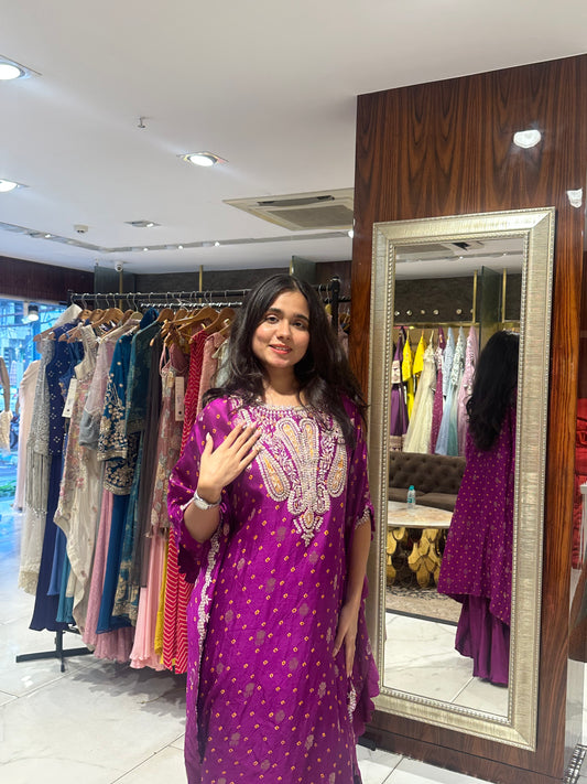 Ilaya Wine Bandhej Print Indo-Western Kaftan Set