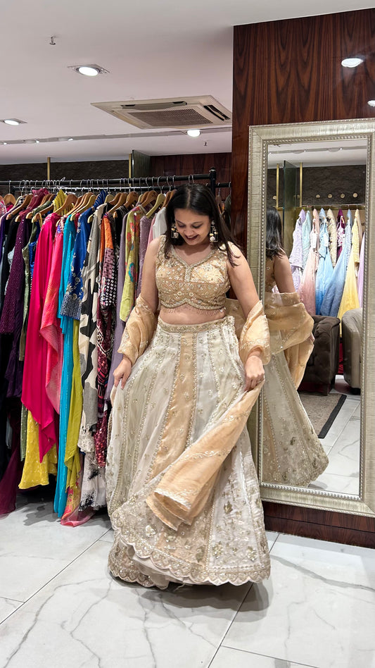 Reina – Beige Gold Tissue Lehenga with Heavy Golden Zari & Sequin Embroidery