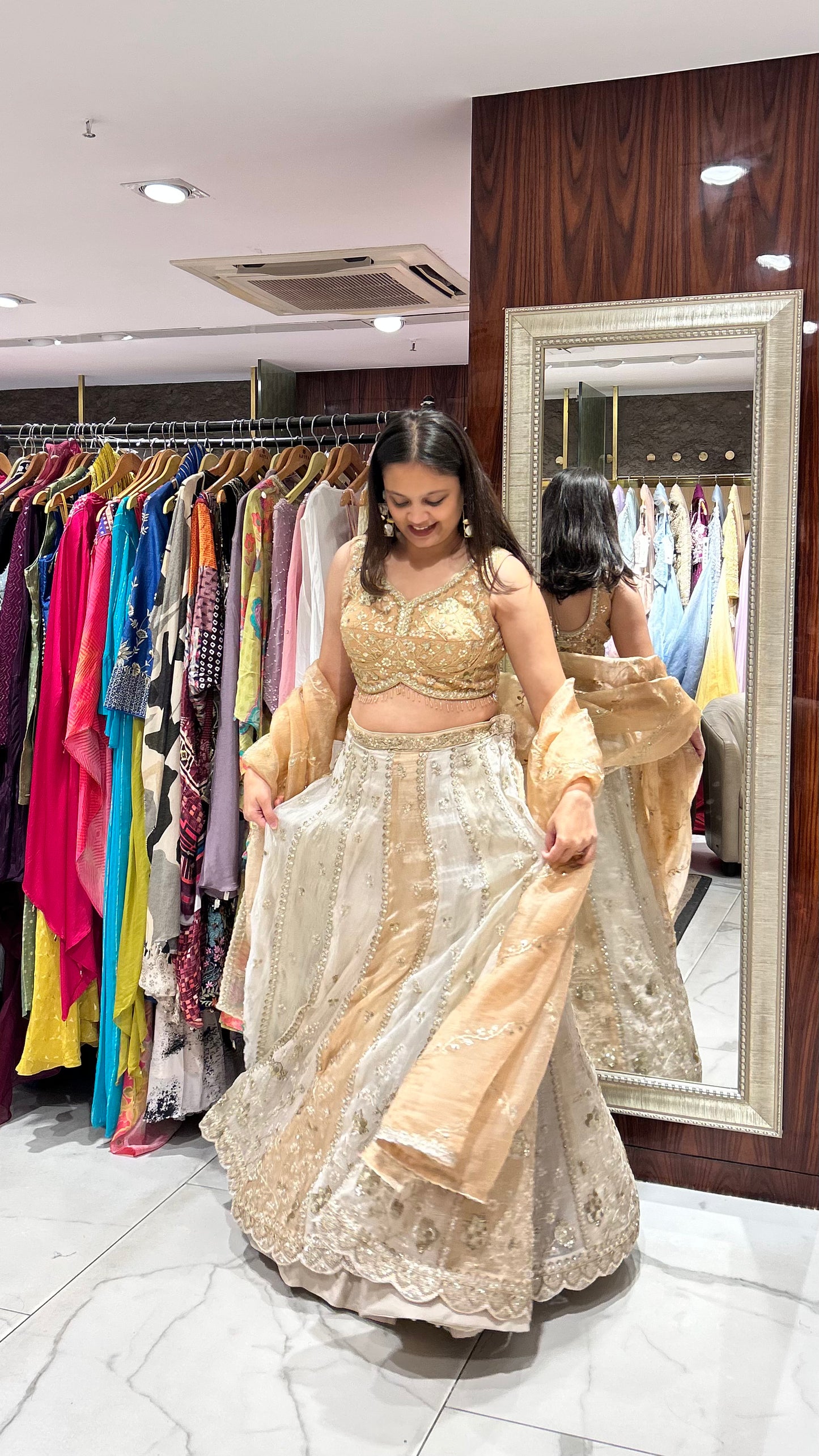 Reina – Beige Gold Tissue Lehenga with Heavy Golden Zari & Sequin Embroidery