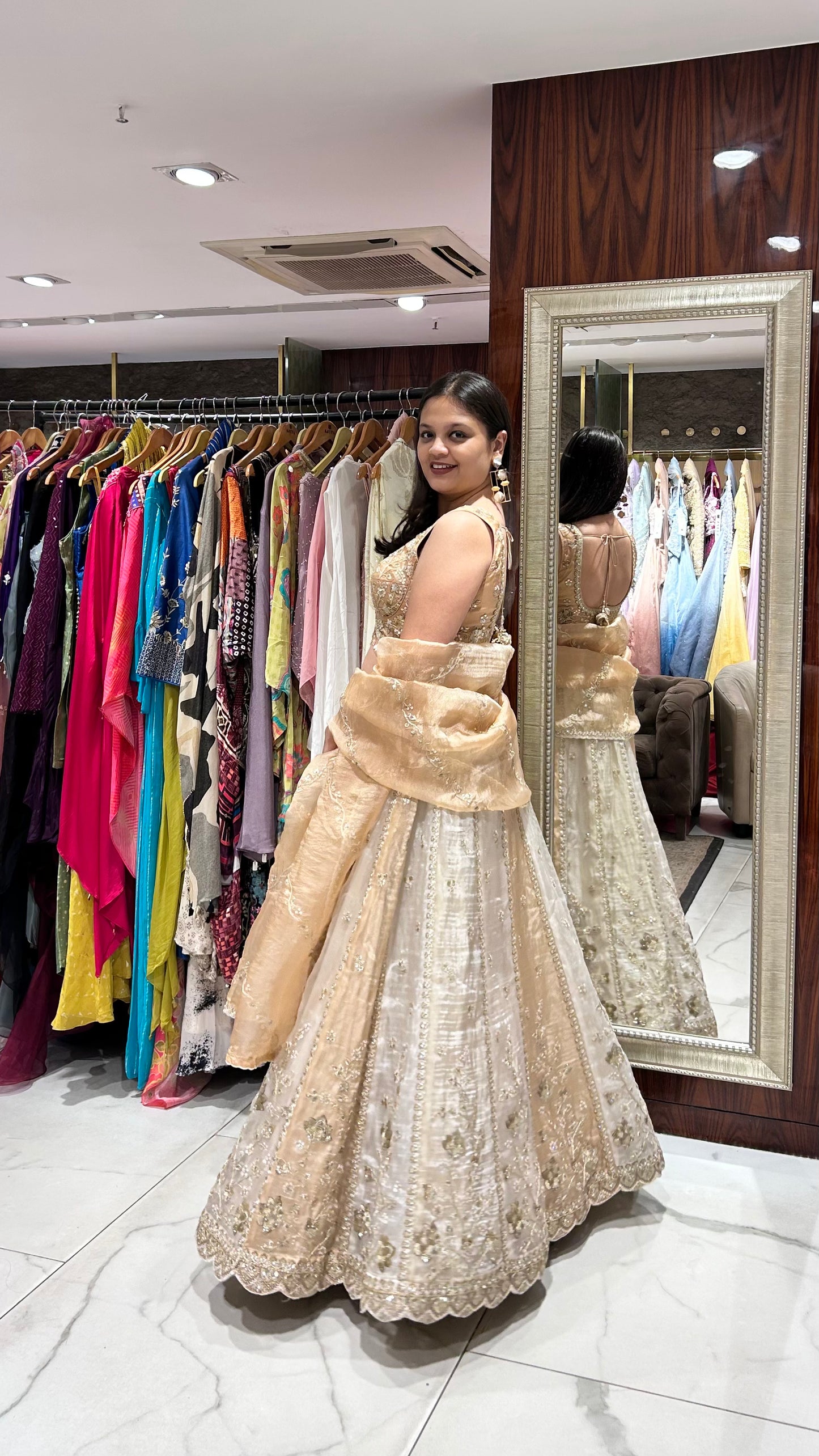 Reina – Beige Gold Tissue Lehenga with Heavy Golden Zari & Sequin Embroidery
