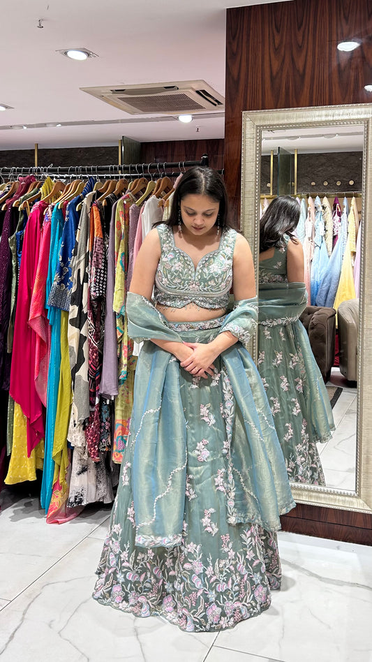 Varidhi – Sea Green Tissue Lehenga with Multicoloured Embroidery