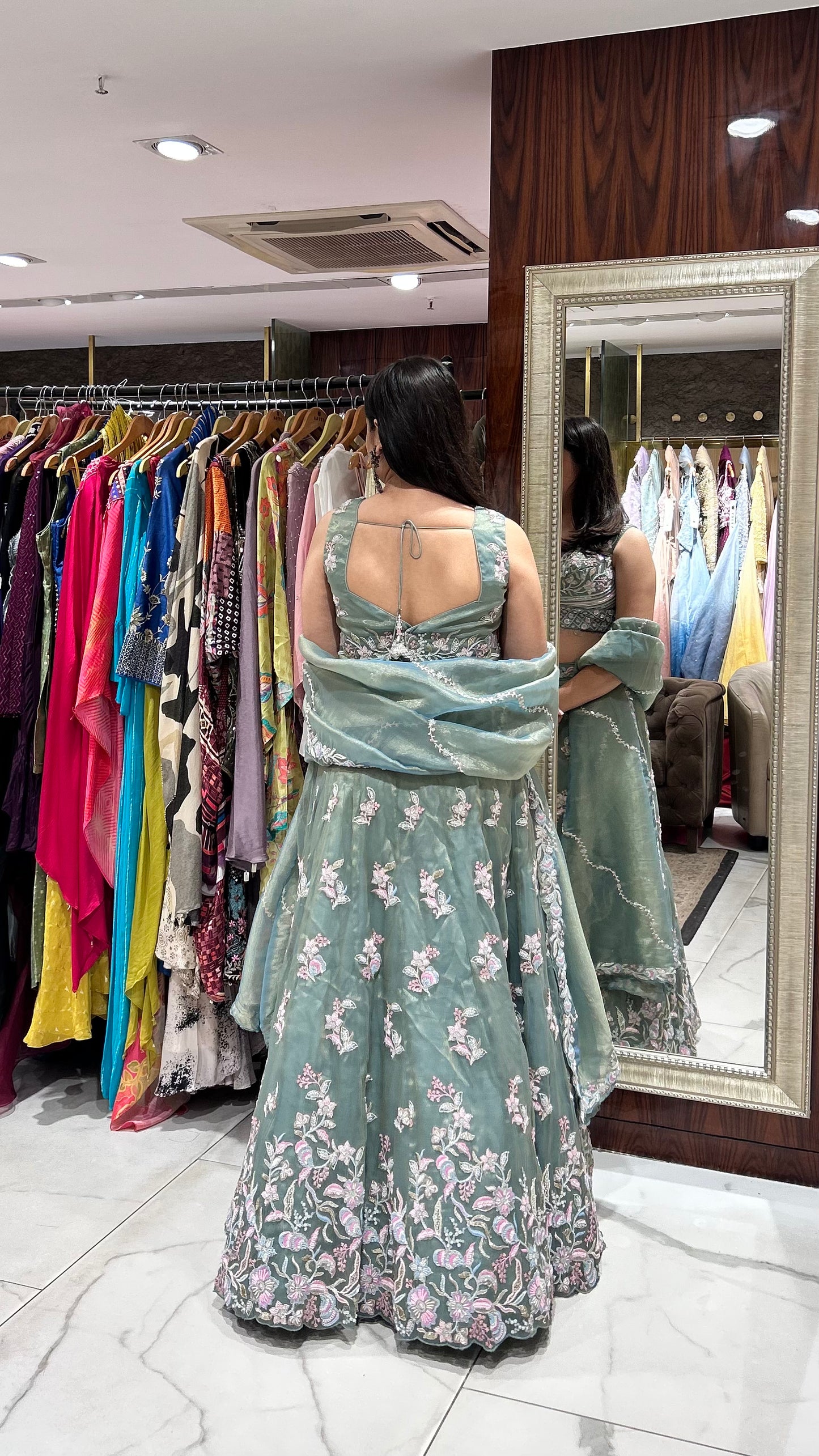 Varidhi – Sea Green Tissue Lehenga with Multicoloured Embroidery