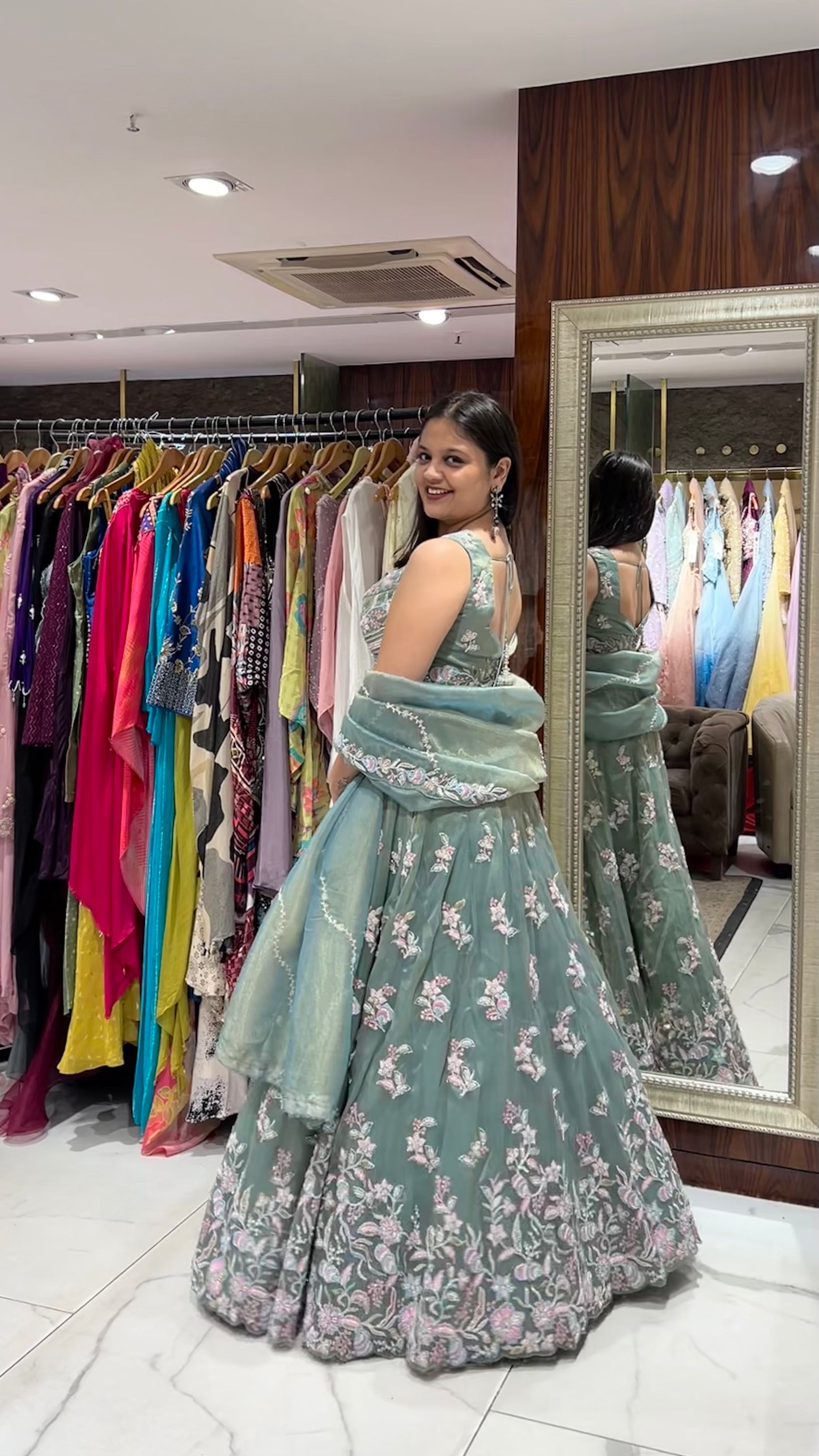 Varidhi – Sea Green Tissue Lehenga with Multicoloured Embroidery