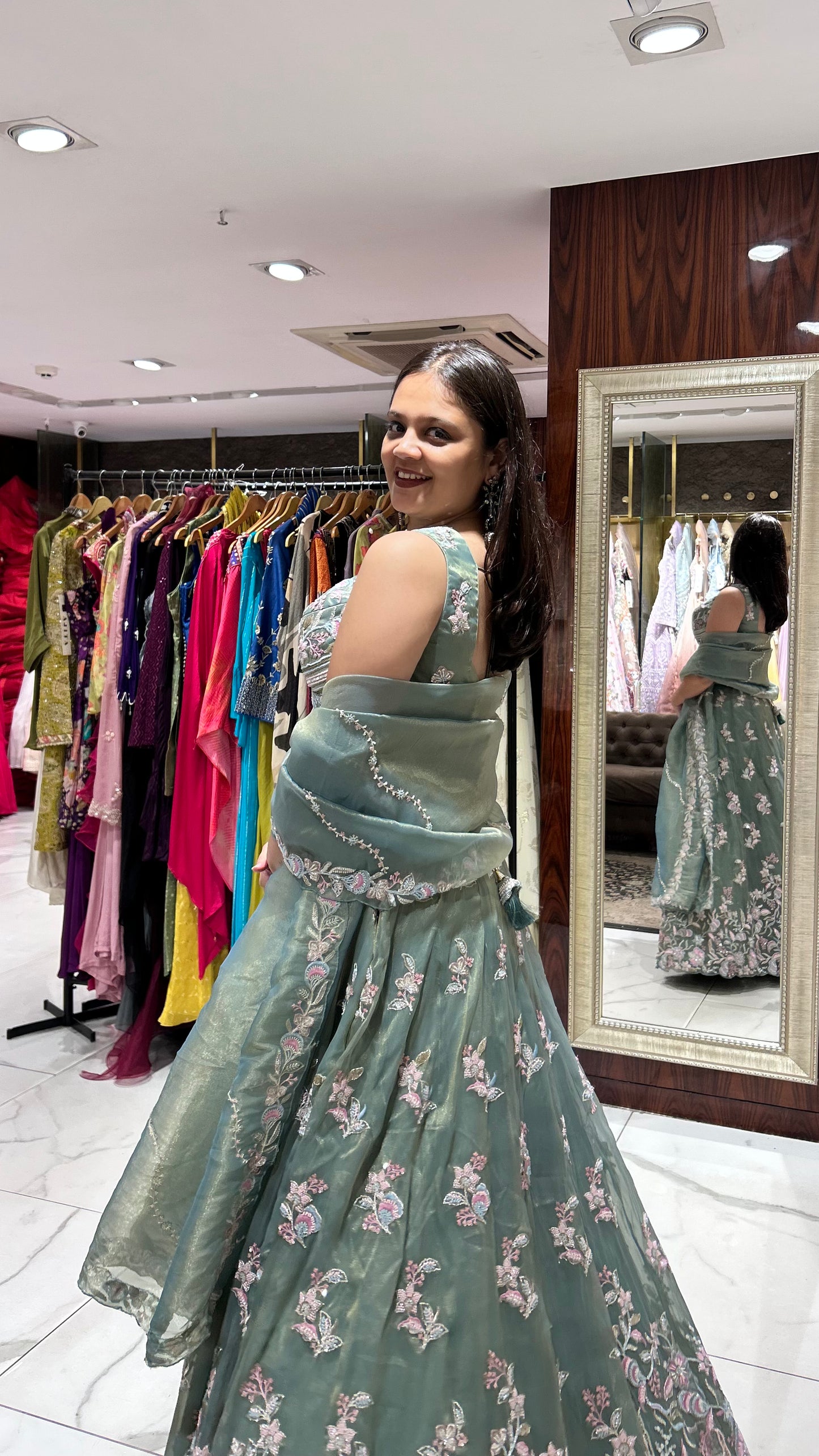 Varidhi – Sea Green Tissue Lehenga with Multicoloured Embroidery