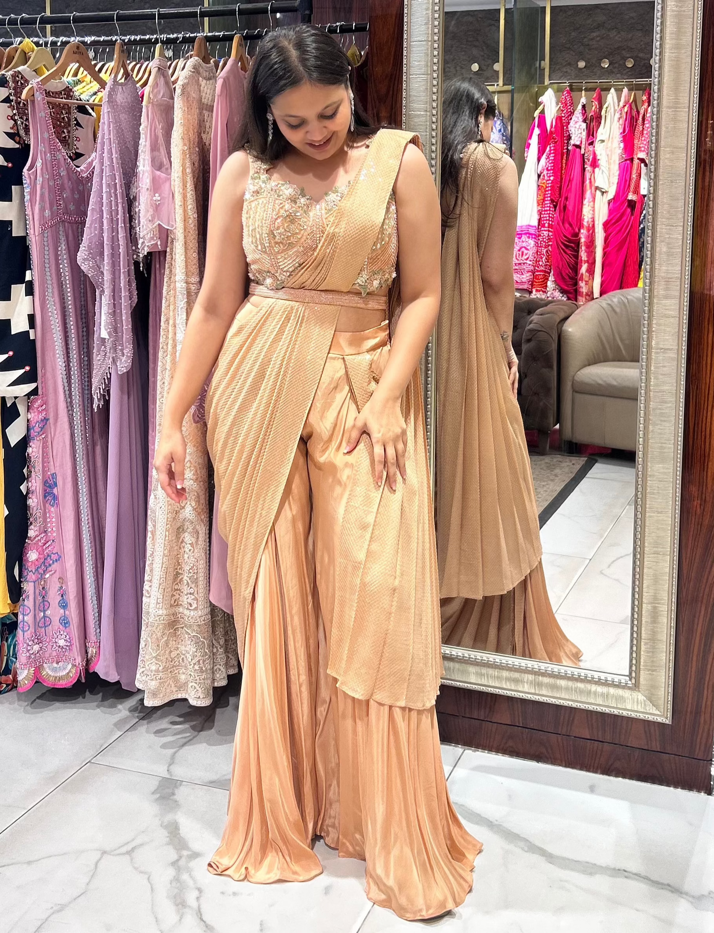 Raisa – Dusty Orange Pre-Stitched Drape Saree with Pants & Hand Embroidered Blouse