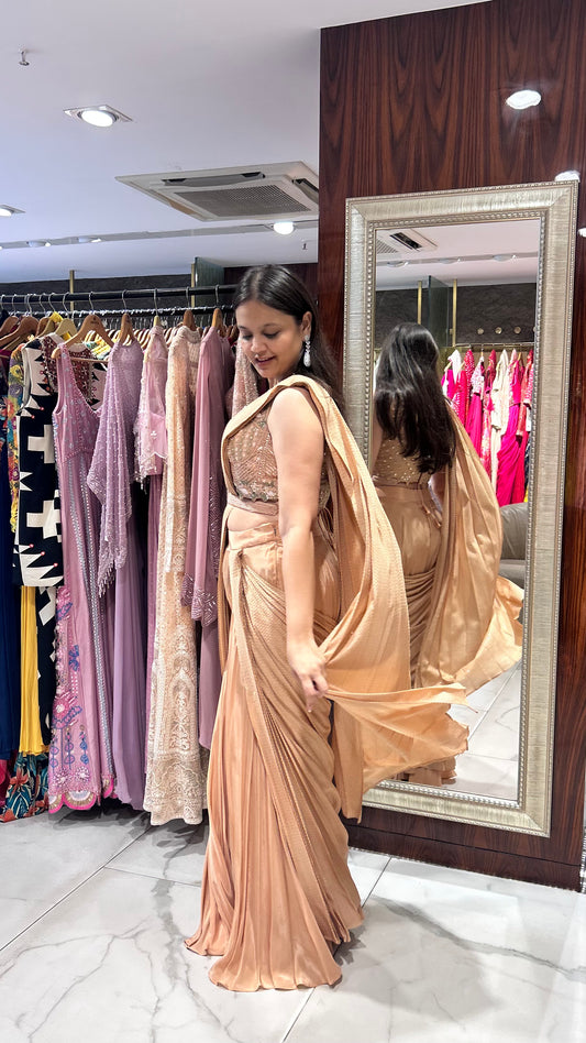 Raisa – Dusty Orange Pre-Stitched Drape Saree with Pants & Hand Embroidered Blouse